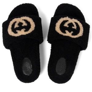 Authentic Gucci Eileen Teddy Black Shearling Slides Size 8